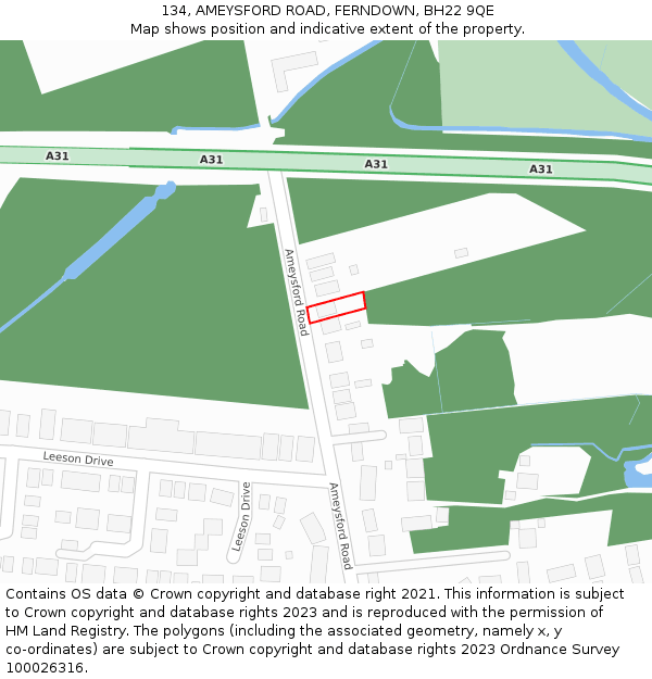 134, AMEYSFORD ROAD, FERNDOWN, BH22 9QE: Location map and indicative extent of plot