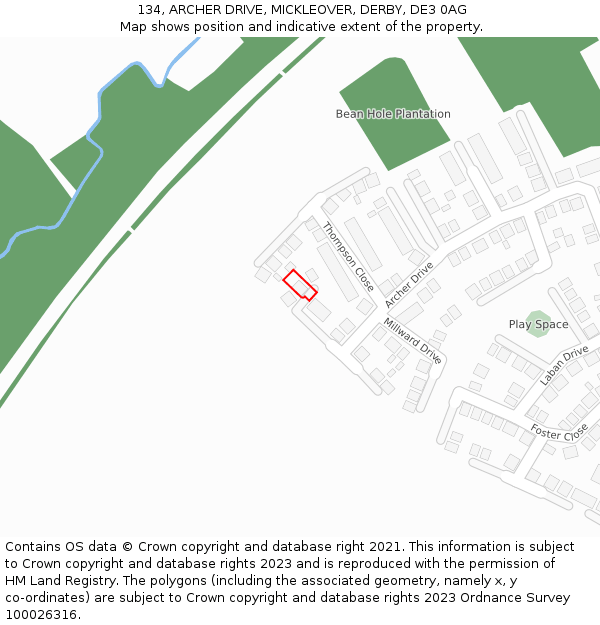 134, ARCHER DRIVE, MICKLEOVER, DERBY, DE3 0AG: Location map and indicative extent of plot