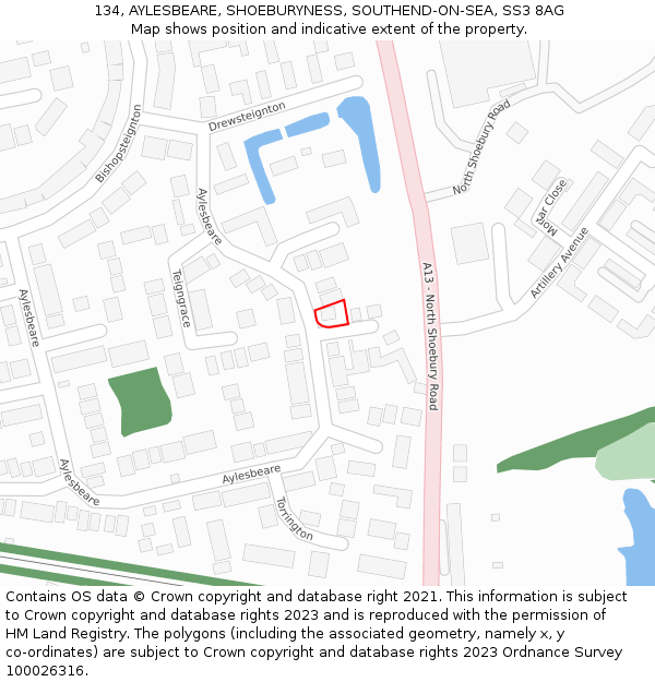 134, AYLESBEARE, SHOEBURYNESS, SOUTHEND-ON-SEA, SS3 8AG: Location map and indicative extent of plot