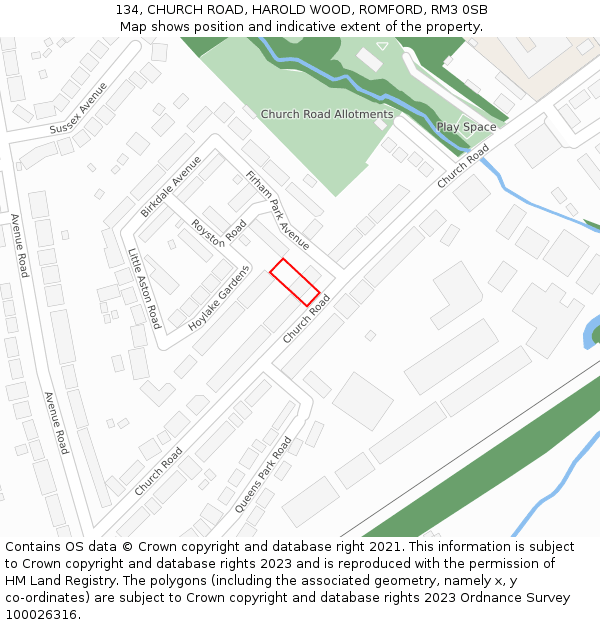 134, CHURCH ROAD, HAROLD WOOD, ROMFORD, RM3 0SB: Location map and indicative extent of plot