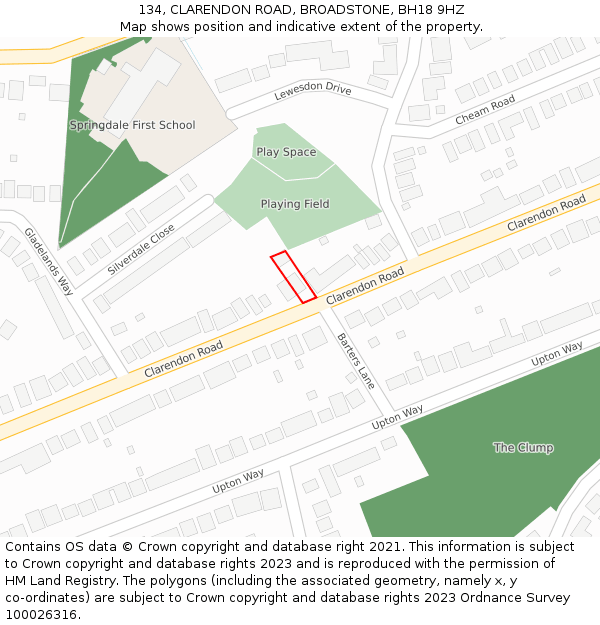 134, CLARENDON ROAD, BROADSTONE, BH18 9HZ: Location map and indicative extent of plot