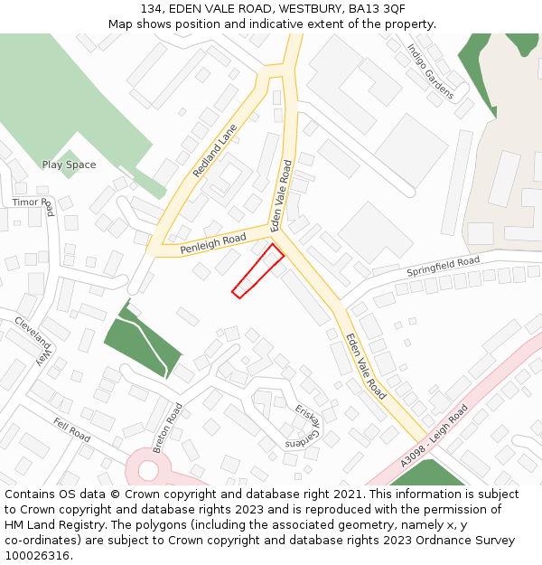 134, EDEN VALE ROAD, WESTBURY, BA13 3QF: Location map and indicative extent of plot