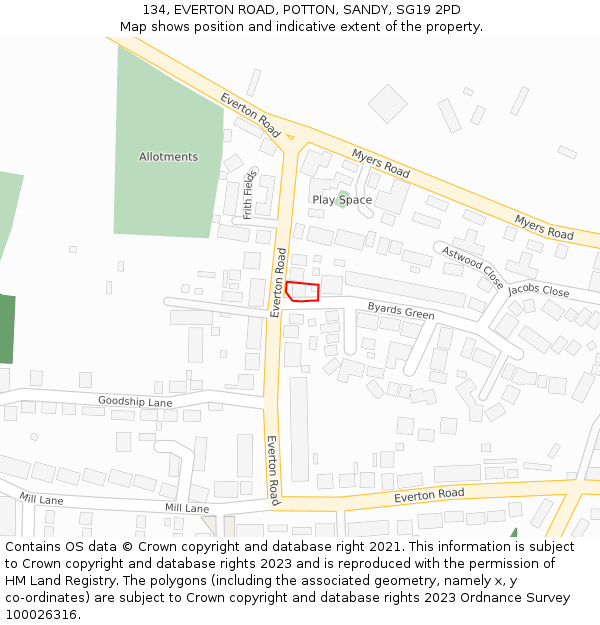 134, EVERTON ROAD, POTTON, SANDY, SG19 2PD: Location map and indicative extent of plot