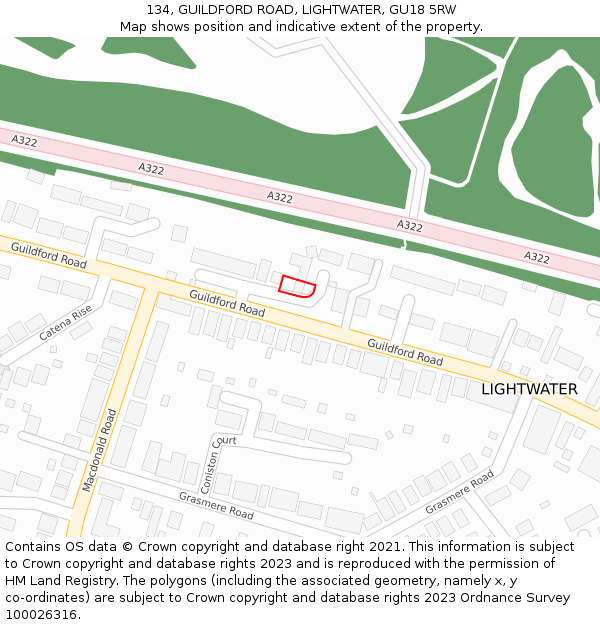 134, GUILDFORD ROAD, LIGHTWATER, GU18 5RW: Location map and indicative extent of plot