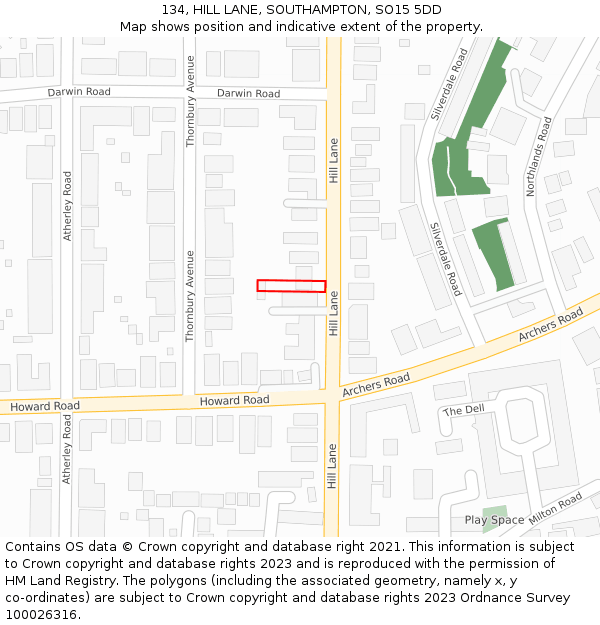 134, HILL LANE, SOUTHAMPTON, SO15 5DD: Location map and indicative extent of plot