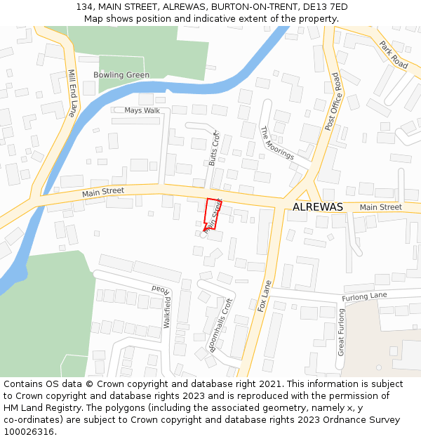 134, MAIN STREET, ALREWAS, BURTON-ON-TRENT, DE13 7ED: Location map and indicative extent of plot