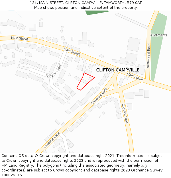 134, MAIN STREET, CLIFTON CAMPVILLE, TAMWORTH, B79 0AT: Location map and indicative extent of plot