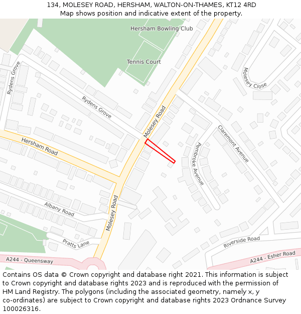 134, MOLESEY ROAD, HERSHAM, WALTON-ON-THAMES, KT12 4RD: Location map and indicative extent of plot