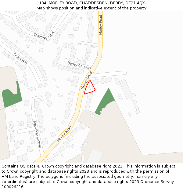 134, MORLEY ROAD, CHADDESDEN, DERBY, DE21 4QX: Location map and indicative extent of plot