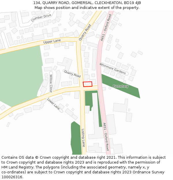 134, QUARRY ROAD, GOMERSAL, CLECKHEATON, BD19 4JB: Location map and indicative extent of plot