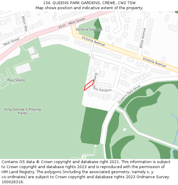 134, QUEENS PARK GARDENS, CREWE, CW2 7SW: Location map and indicative extent of plot