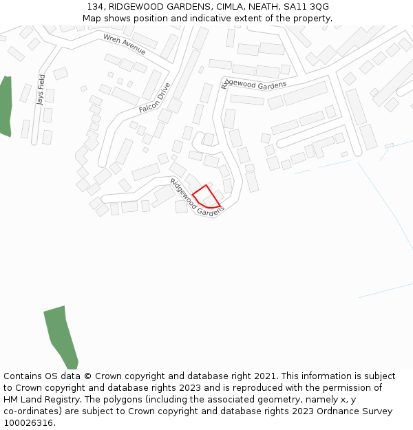 134, RIDGEWOOD GARDENS, CIMLA, NEATH, SA11 3QG: Location map and indicative extent of plot