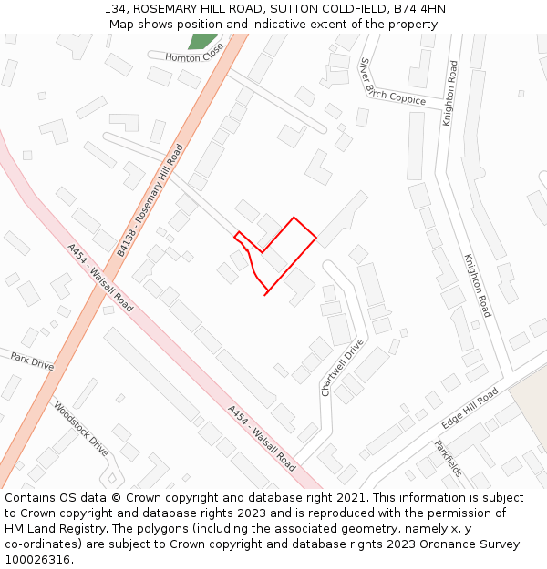 134, ROSEMARY HILL ROAD, SUTTON COLDFIELD, B74 4HN: Location map and indicative extent of plot