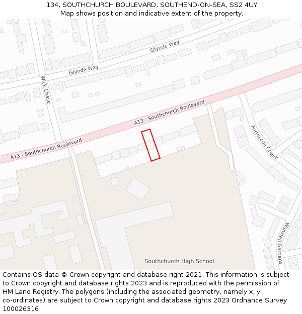 134, SOUTHCHURCH BOULEVARD, SOUTHEND-ON-SEA, SS2 4UY: Location map and indicative extent of plot