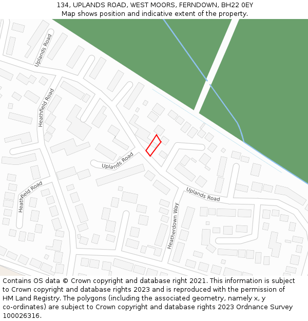 134, UPLANDS ROAD, WEST MOORS, FERNDOWN, BH22 0EY: Location map and indicative extent of plot