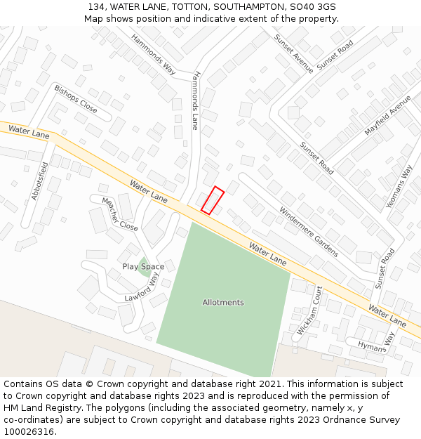 134, WATER LANE, TOTTON, SOUTHAMPTON, SO40 3GS: Location map and indicative extent of plot