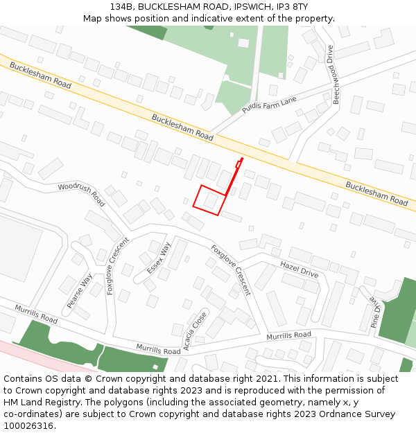 134B, BUCKLESHAM ROAD, IPSWICH, IP3 8TY: Location map and indicative extent of plot