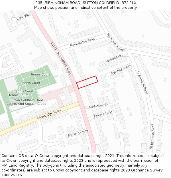 135, BIRMINGHAM ROAD, SUTTON COLDFIELD, B72 1LX: Location map and indicative extent of plot