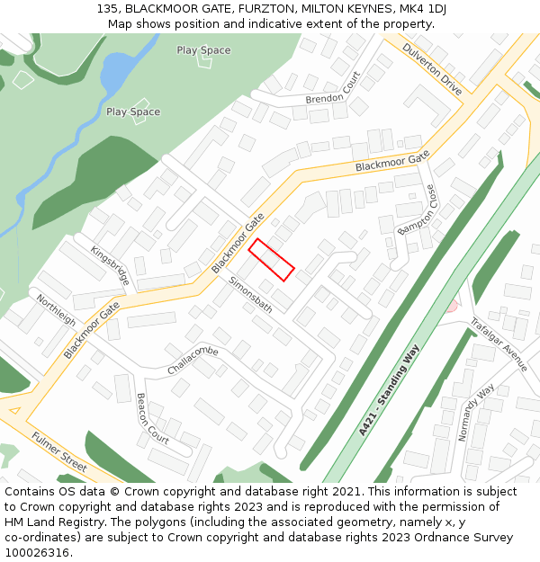 135, BLACKMOOR GATE, FURZTON, MILTON KEYNES, MK4 1DJ: Location map and indicative extent of plot