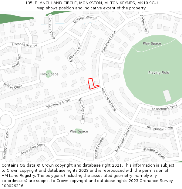 135, BLANCHLAND CIRCLE, MONKSTON, MILTON KEYNES, MK10 9GU: Location map and indicative extent of plot