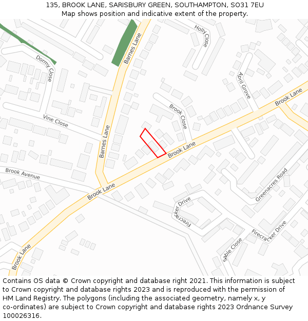 135, BROOK LANE, SARISBURY GREEN, SOUTHAMPTON, SO31 7EU: Location map and indicative extent of plot