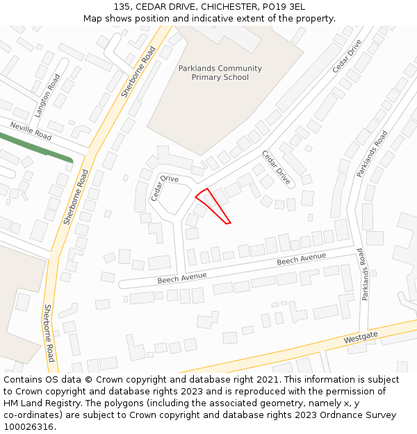 135, CEDAR DRIVE, CHICHESTER, PO19 3EL: Location map and indicative extent of plot