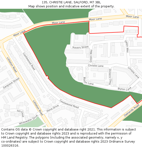 135, CHRISTIE LANE, SALFORD, M7 3BL: Location map and indicative extent of plot