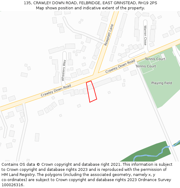 135, CRAWLEY DOWN ROAD, FELBRIDGE, EAST GRINSTEAD, RH19 2PS: Location map and indicative extent of plot
