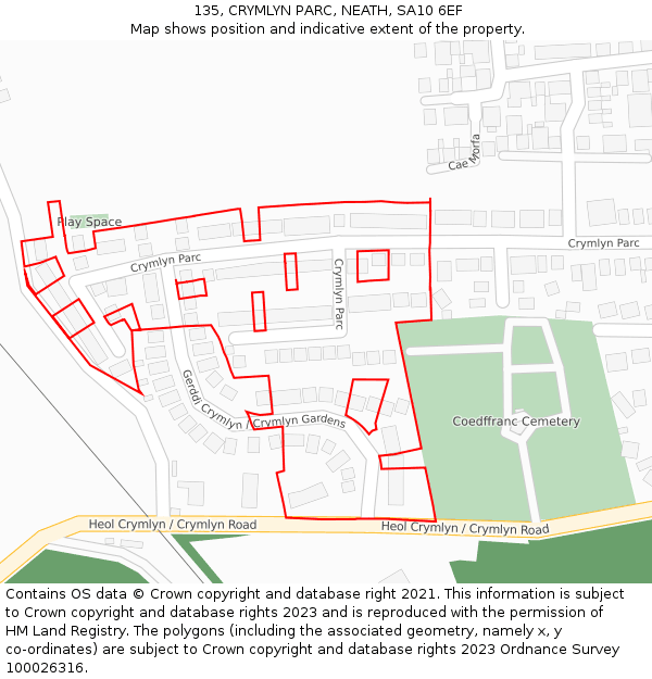 135, CRYMLYN PARC, NEATH, SA10 6EF: Location map and indicative extent of plot