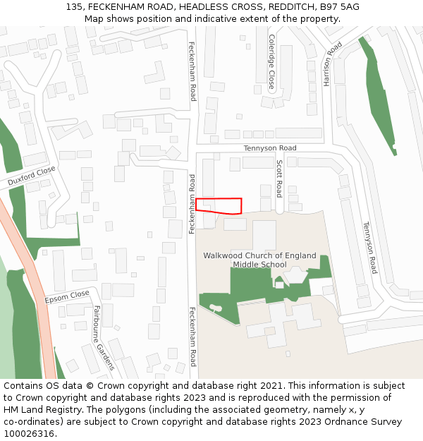 135, FECKENHAM ROAD, HEADLESS CROSS, REDDITCH, B97 5AG: Location map and indicative extent of plot