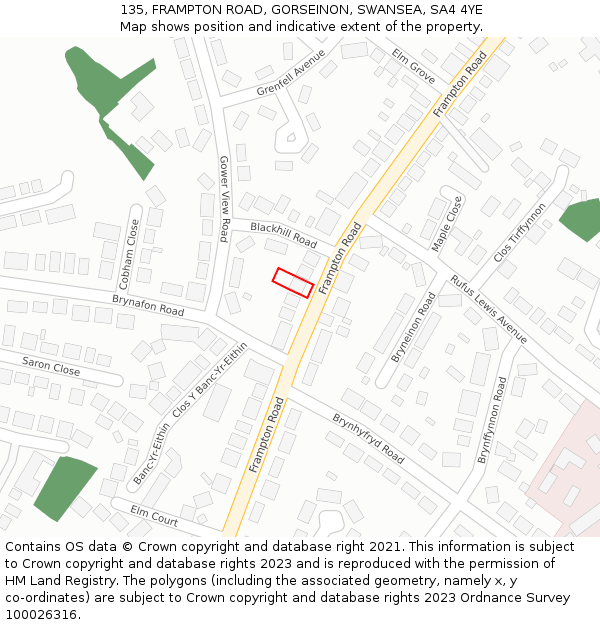 135, FRAMPTON ROAD, GORSEINON, SWANSEA, SA4 4YE: Location map and indicative extent of plot