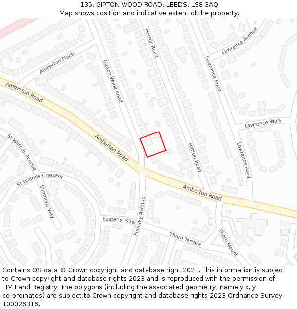 135, GIPTON WOOD ROAD, LEEDS, LS8 3AQ: Location map and indicative extent of plot