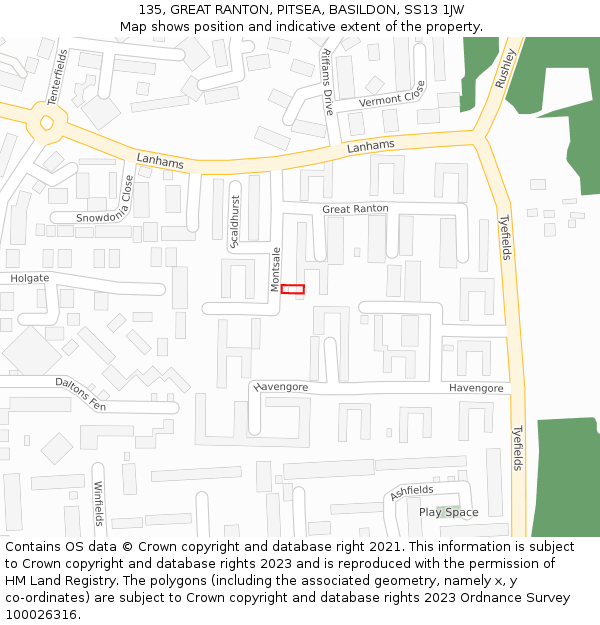 135, GREAT RANTON, PITSEA, BASILDON, SS13 1JW: Location map and indicative extent of plot