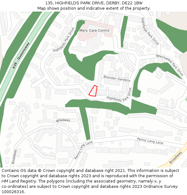 135, HIGHFIELDS PARK DRIVE, DERBY, DE22 1BW: Location map and indicative extent of plot