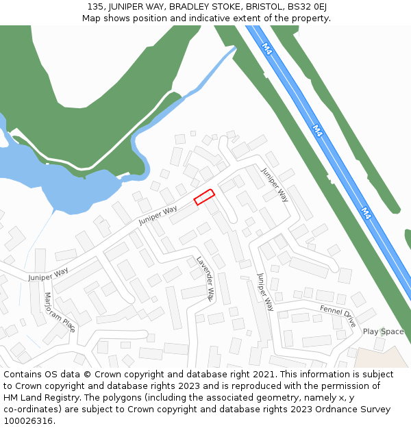 135, JUNIPER WAY, BRADLEY STOKE, BRISTOL, BS32 0EJ: Location map and indicative extent of plot