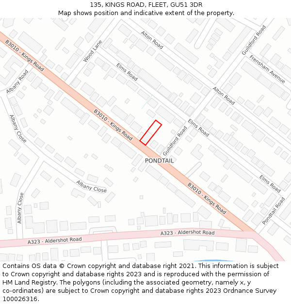 135, KINGS ROAD, FLEET, GU51 3DR: Location map and indicative extent of plot