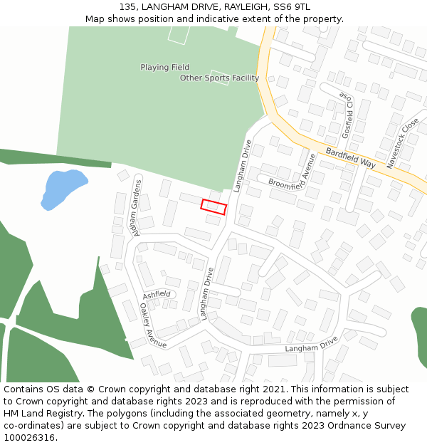 135, LANGHAM DRIVE, RAYLEIGH, SS6 9TL: Location map and indicative extent of plot
