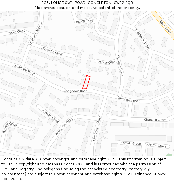 135, LONGDOWN ROAD, CONGLETON, CW12 4QR: Location map and indicative extent of plot