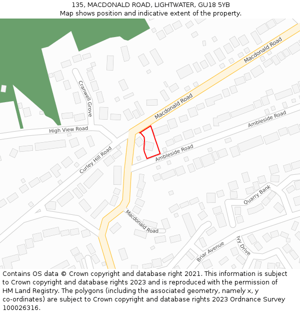 135, MACDONALD ROAD, LIGHTWATER, GU18 5YB: Location map and indicative extent of plot