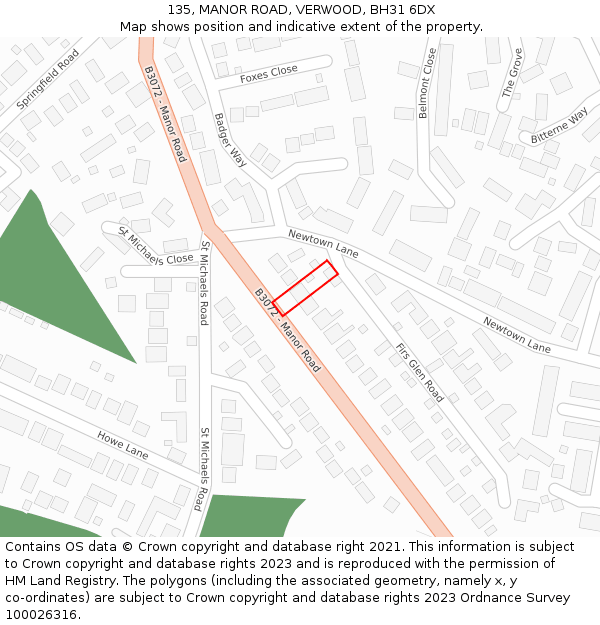 135, MANOR ROAD, VERWOOD, BH31 6DX: Location map and indicative extent of plot