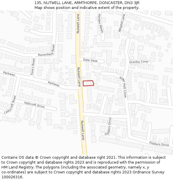 135, NUTWELL LANE, ARMTHORPE, DONCASTER, DN3 3JR: Location map and indicative extent of plot