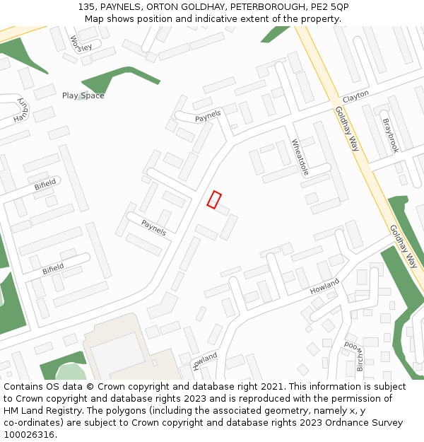 135, PAYNELS, ORTON GOLDHAY, PETERBOROUGH, PE2 5QP: Location map and indicative extent of plot