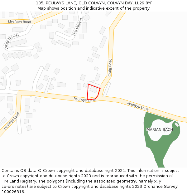 135, PEULWYS LANE, OLD COLWYN, COLWYN BAY, LL29 8YF: Location map and indicative extent of plot