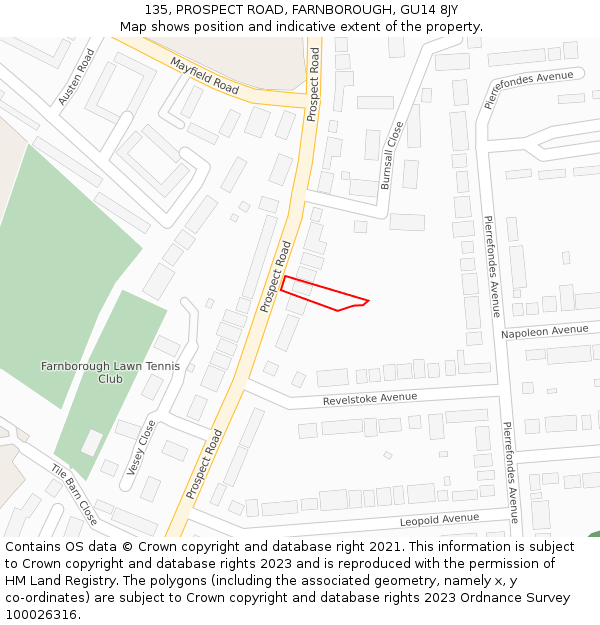 135, PROSPECT ROAD, FARNBOROUGH, GU14 8JY: Location map and indicative extent of plot