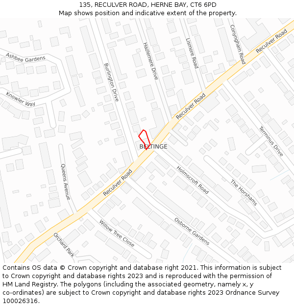 135, RECULVER ROAD, HERNE BAY, CT6 6PD: Location map and indicative extent of plot