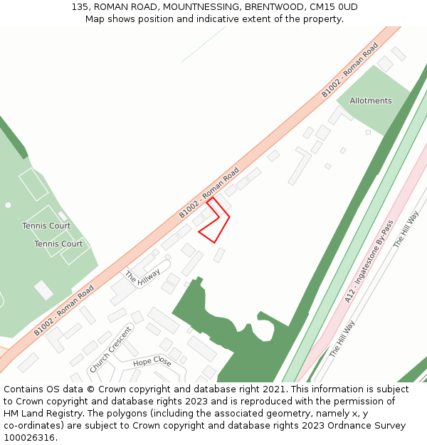 135, ROMAN ROAD, MOUNTNESSING, BRENTWOOD, CM15 0UD: Location map and indicative extent of plot