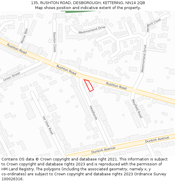 135, RUSHTON ROAD, DESBOROUGH, KETTERING, NN14 2QB: Location map and indicative extent of plot