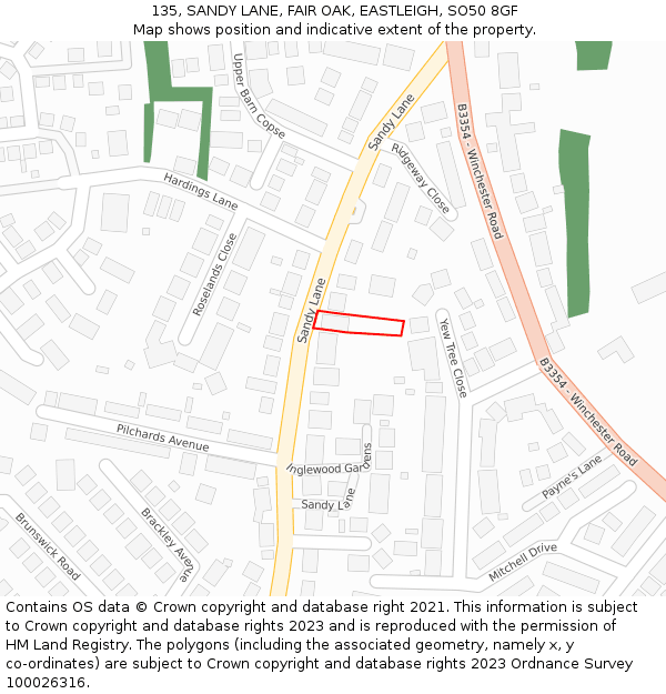 135, SANDY LANE, FAIR OAK, EASTLEIGH, SO50 8GF: Location map and indicative extent of plot