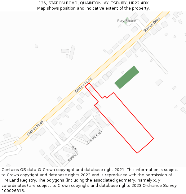 135, STATION ROAD, QUAINTON, AYLESBURY, HP22 4BX: Location map and indicative extent of plot