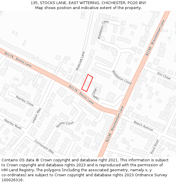 135, STOCKS LANE, EAST WITTERING, CHICHESTER, PO20 8NY: Location map and indicative extent of plot